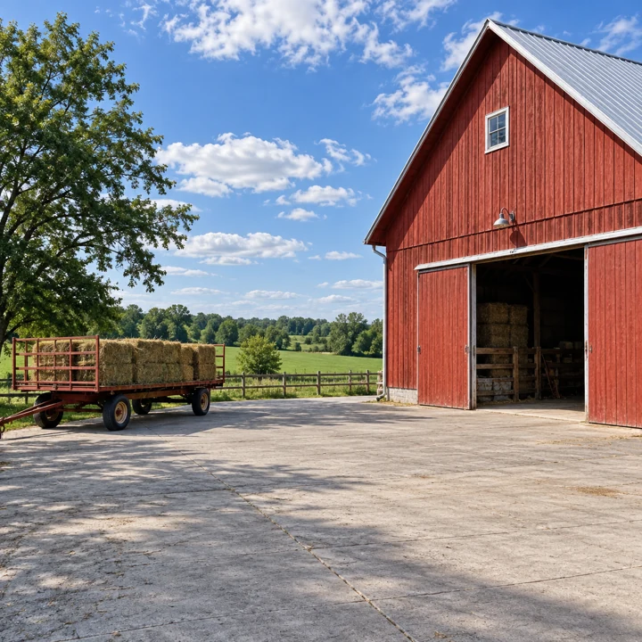 Concrete farmyard apron outside a red barn