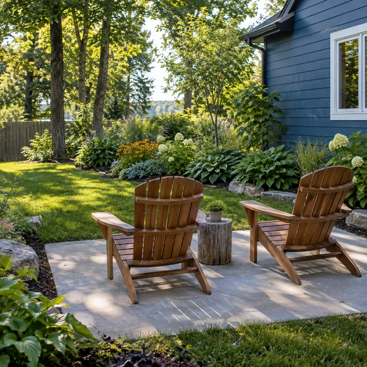 Concrete seating pad with wooden chairs facing a garden