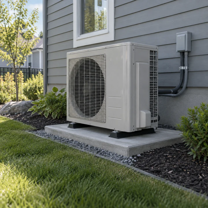 Concrete equipment pad supporting a residential heat pump