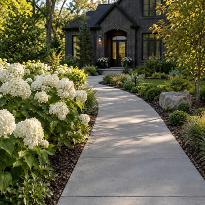 Concrete entrance path beside hydrangeas